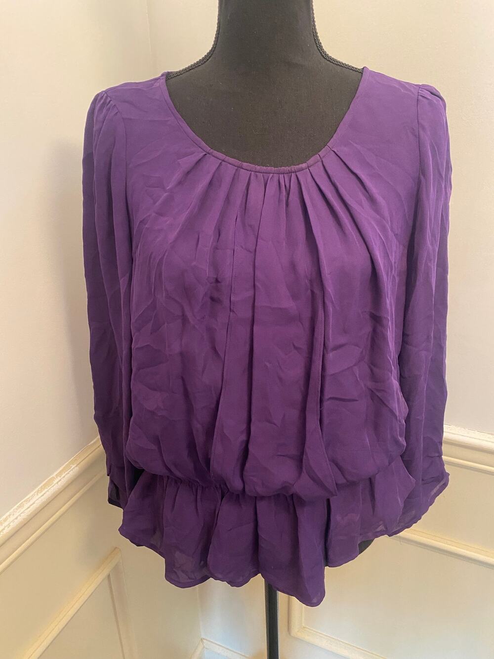 Joie Silk Long Sleeve Blouse Peasant Top Purple Scoop Neck Smocked Elastic Waist
